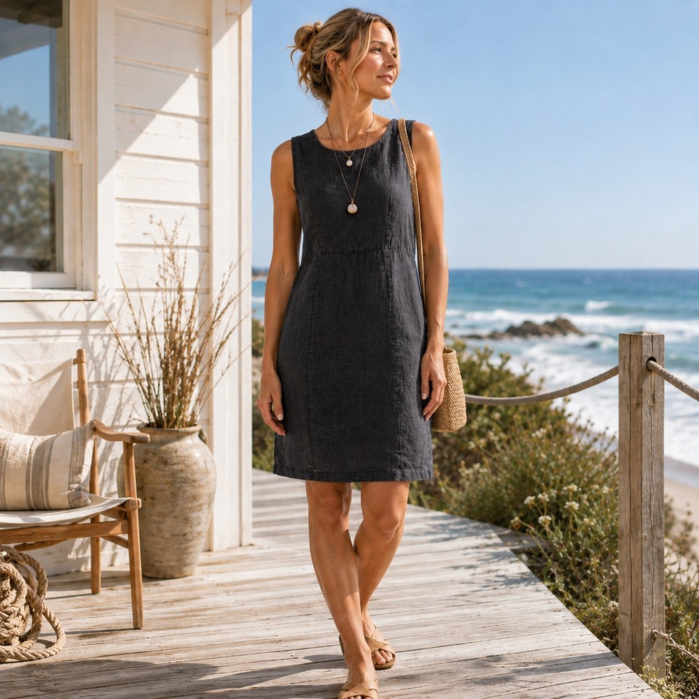 Russ Berens Malibu Linen Sheath Tank Dress Sz M Black Minimalist Quiet Luxury